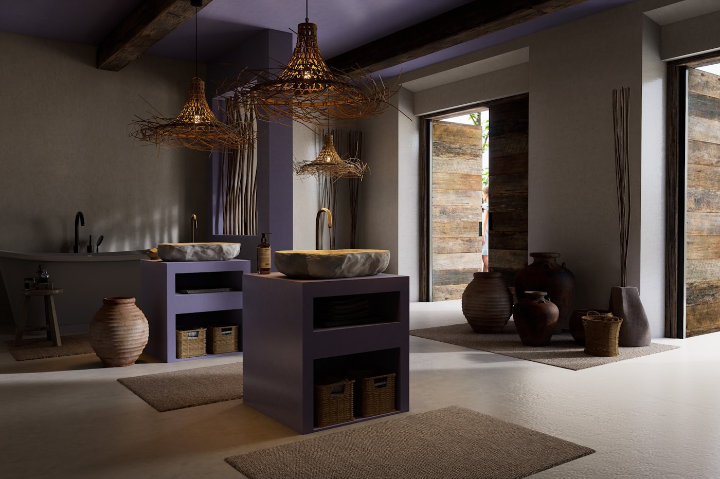 A stone bathroom with twin basins.
